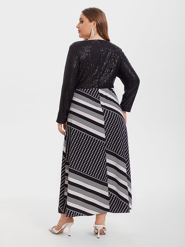 VIP Geo Print & Contrast Sequin Maxi Dress