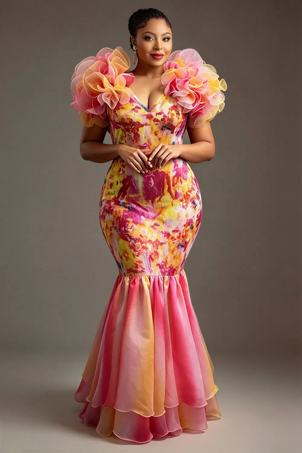 Xpluswear Design Plus Size Formal Multicolor Gradient V Neck Flutter Sleeve Mermaid Ruffle Tulle Maxi Dresses