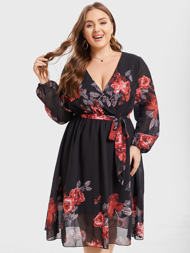 Plus Floral Crisscross Wrap Midi Dress