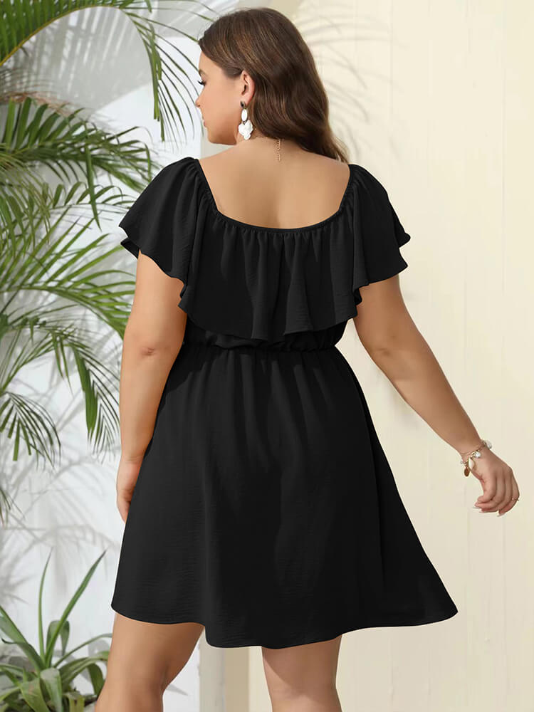 VIP Plus Plain Off Shoulder Ruffle Elastic Waist Dress