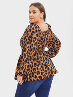 Leopard Print Lantern Sleeve Elastic Waist Blouse