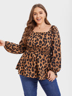 Leopard Print Lantern Sleeve Elastic Waist Blouse