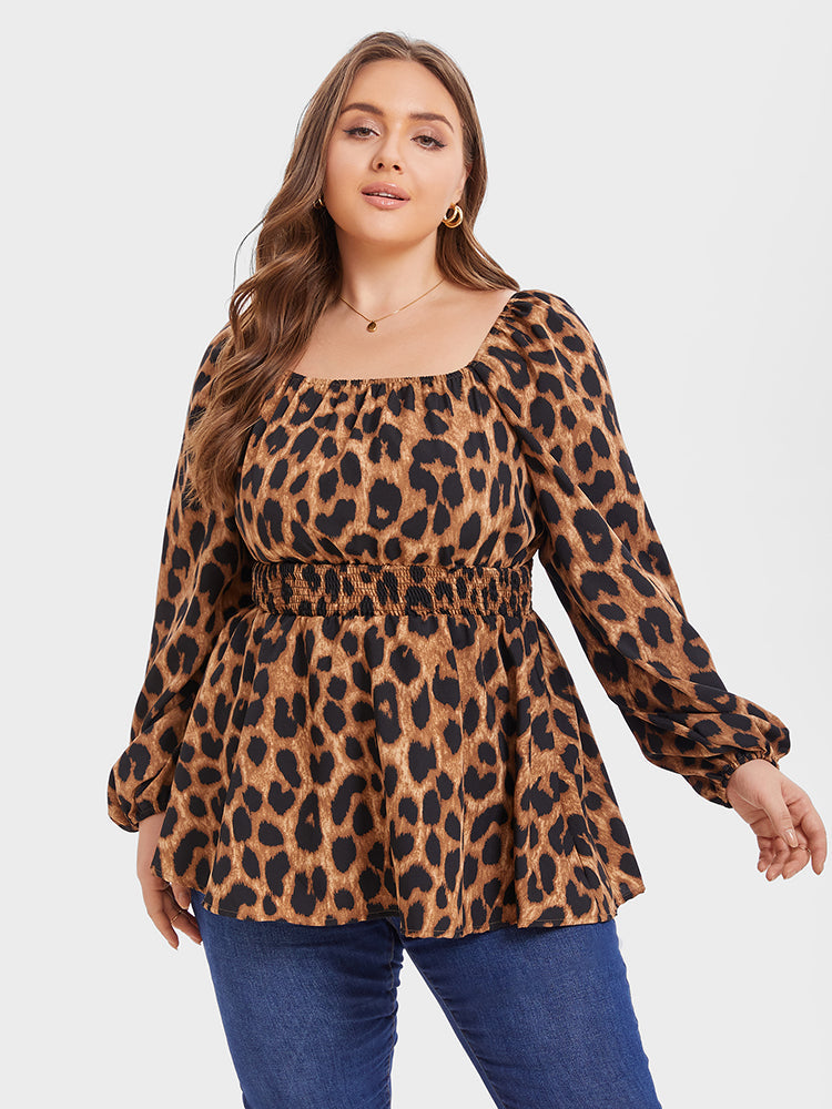 Leopard Print Lantern Sleeve Elastic Waist Blouse