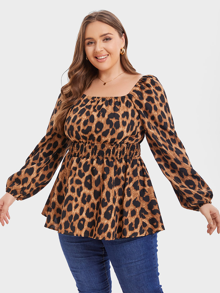 Leopard Print Lantern Sleeve Elastic Waist Blouse