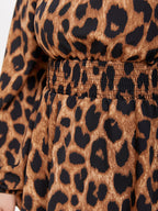 Leopard Print Lantern Sleeve Elastic Waist Blouse
