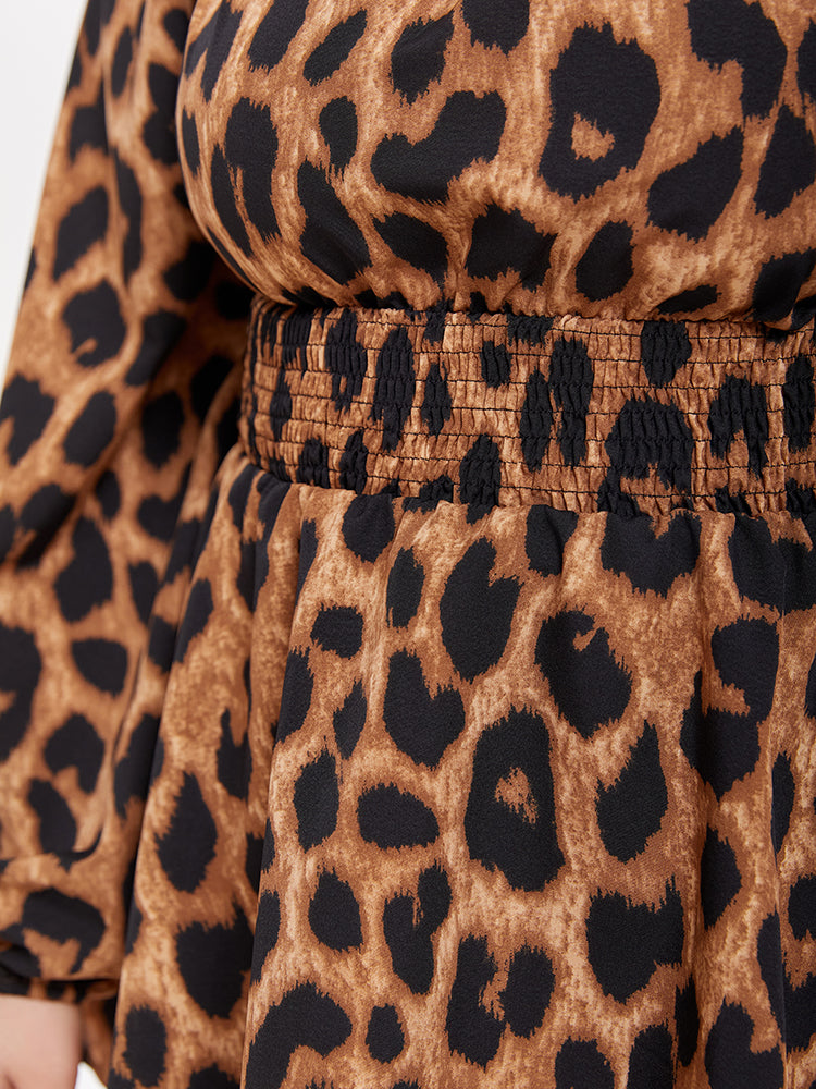 Leopard Print Lantern Sleeve Elastic Waist Blouse