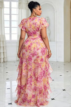 Xpluswear Design Plus Size Wedding Guest Pink Floral V Neck Short Sleeve Ruffle High Low Hem Chiffon Midi Dresses