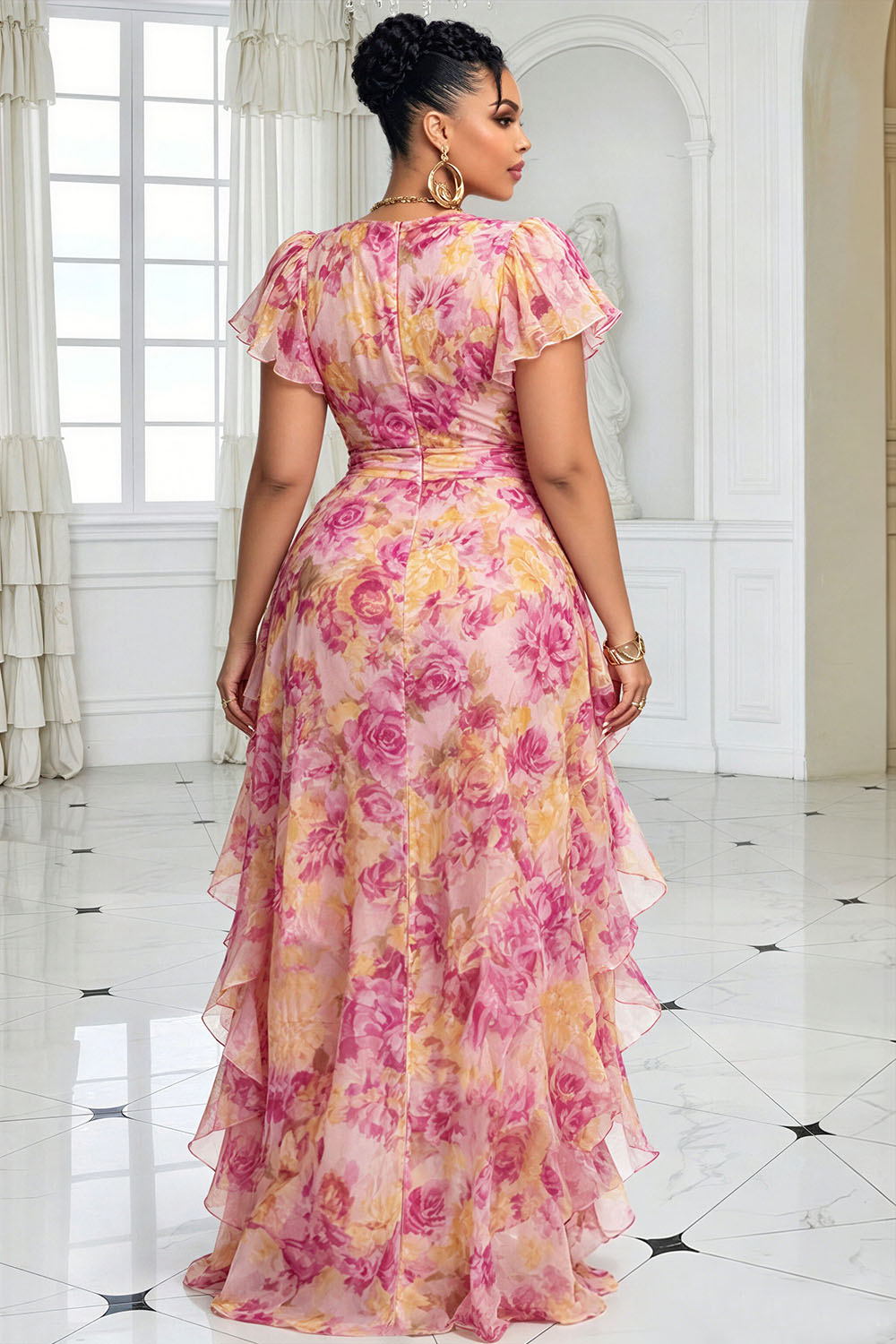 Xpluswear Design Plus Size Wedding Guest Pink Floral V Neck Short Sleeve Ruffle High Low Hem Chiffon Midi Dresses