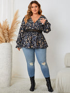 Floral Print V-Neck Flounce Sleeve Blouse