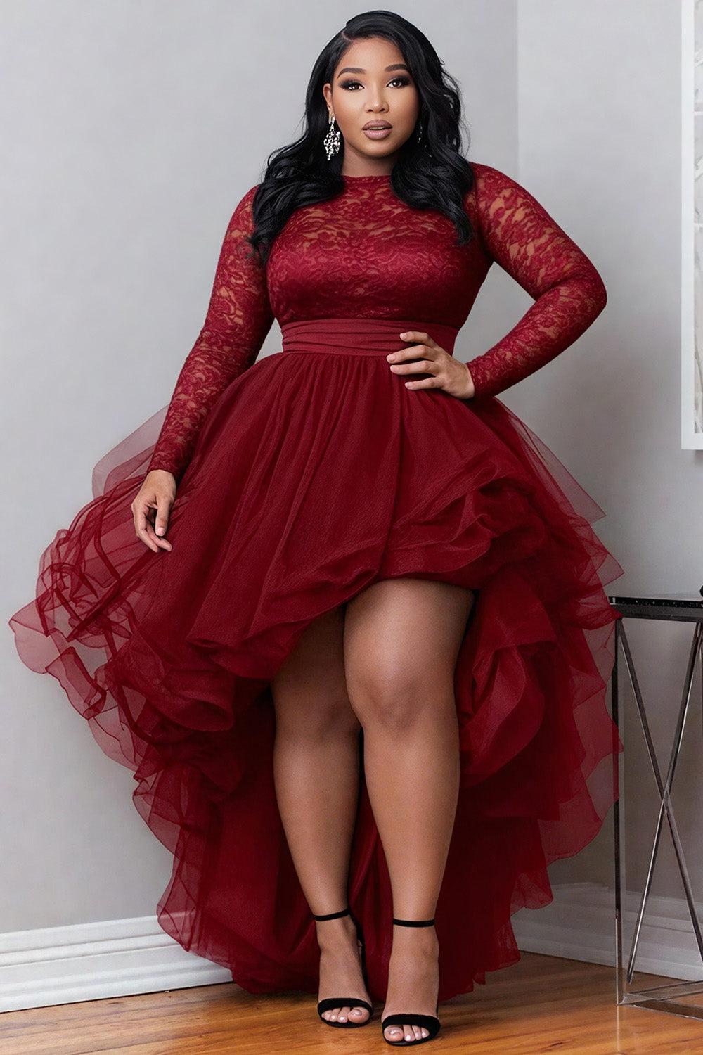Xpluswear Design Plus Size Cocktail Party Black Round Neck Long Sleeve High Low Hem Elegant Ruffle Tulle Lace Mini Dresses