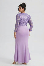Curveins Plus Size Long Sleeve Lace Patchwork Sequin Maxi Dress with Round Neck