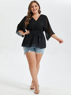VIP Contrast Mesh V-Neck Batwing Sleeve Belted Blouse