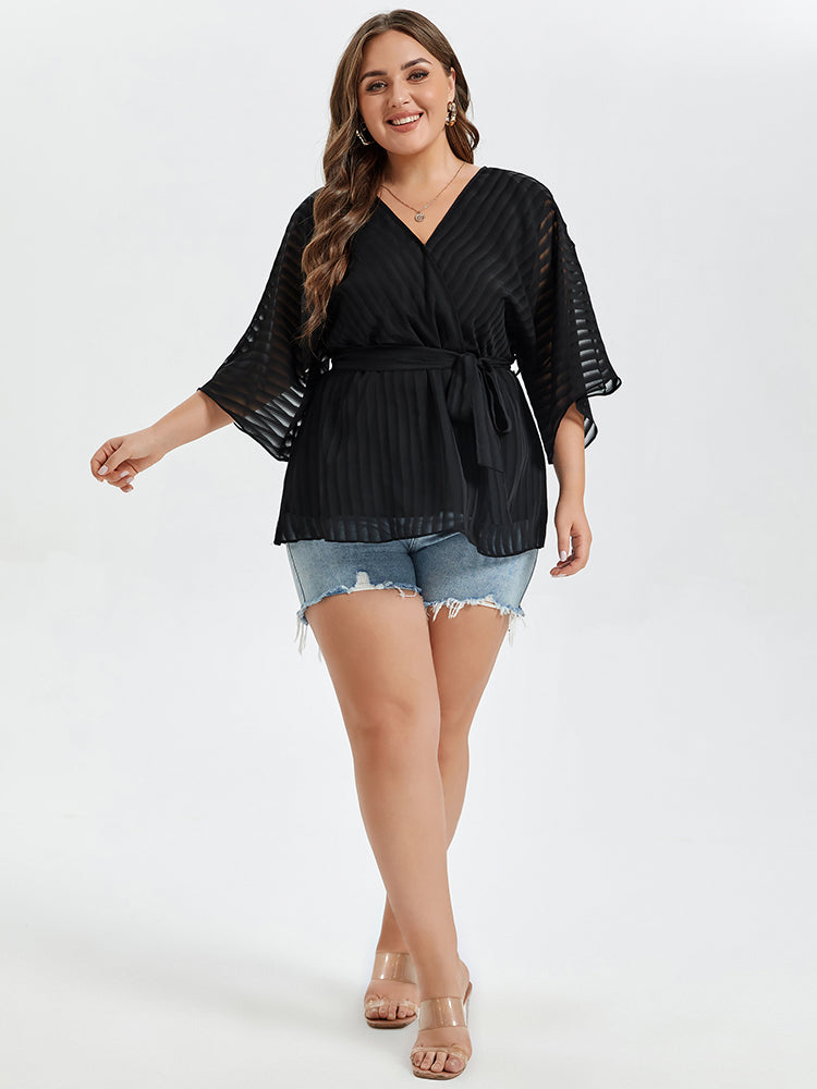 VIP Contrast Mesh V-Neck Batwing Sleeve Belted Blouse