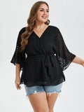 VIP Contrast Mesh V-Neck Batwing Sleeve Belted Blouse