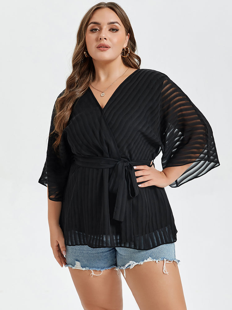 VIP Contrast Mesh V-Neck Batwing Sleeve Belted Blouse