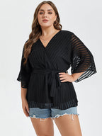 VIP Contrast Mesh V-Neck Batwing Sleeve Belted Blouse