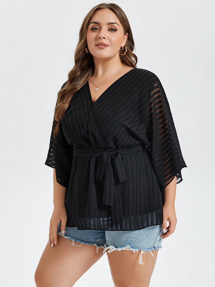 VIP Contrast Mesh V-Neck Batwing Sleeve Belted Blouse