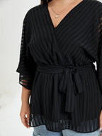 VIP Contrast Mesh V-Neck Batwing Sleeve Belted Blouse
