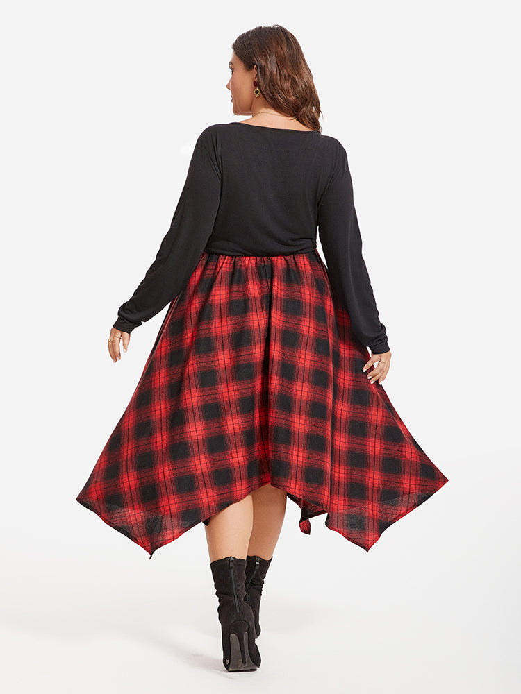 Plaid Print Lace Up Front Asymmetrical Hem Midi Dress