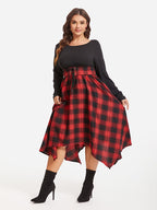 Plaid Print Lace Up Front Asymmetrical Hem Midi Dress
