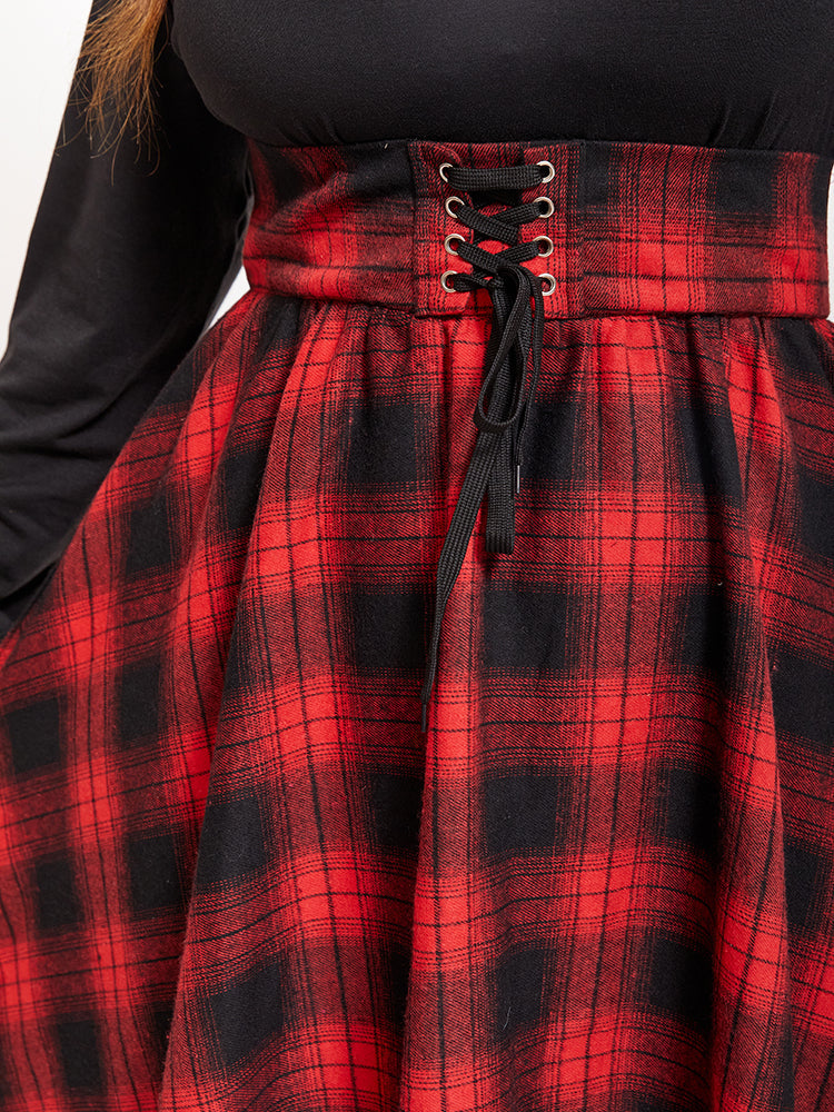 Plaid Print Lace Up Front Asymmetrical Hem Midi Dress