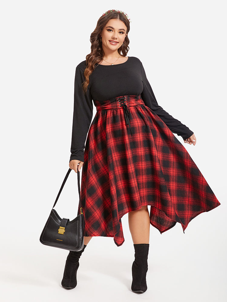 Plaid Print Lace Up Front Asymmetrical Hem Midi Dress