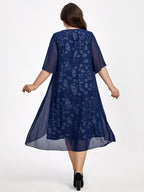Plus Floral Patchwork Flutter Sleeve Round Neck 2 In 1 Midi Dress
