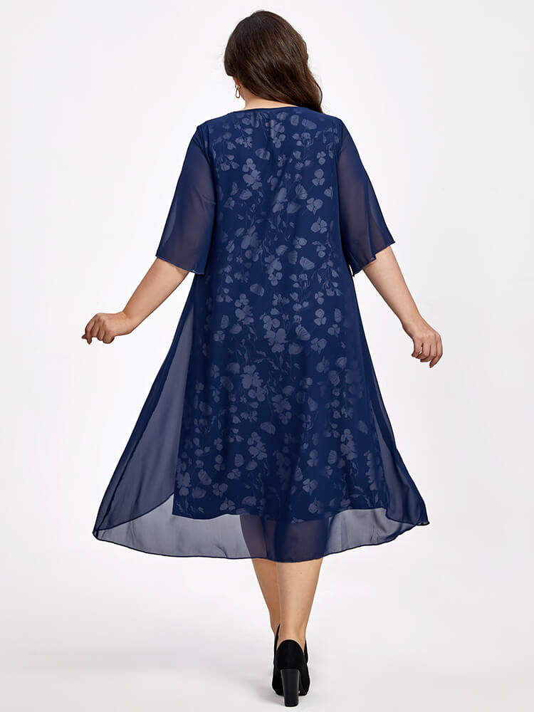 Plus Floral Patchwork Flutter Sleeve Round Neck 2 In 1 Midi Dress
