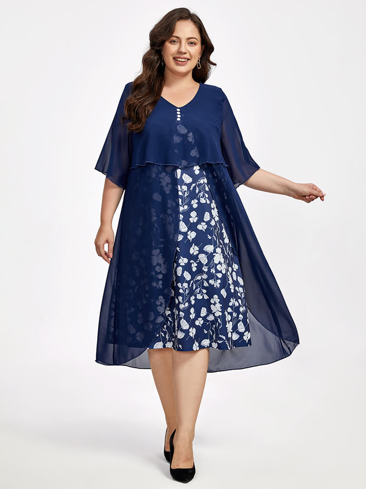Plus Floral Patchwork Flutter Sleeve Round Neck 2 In 1 Midi Dress