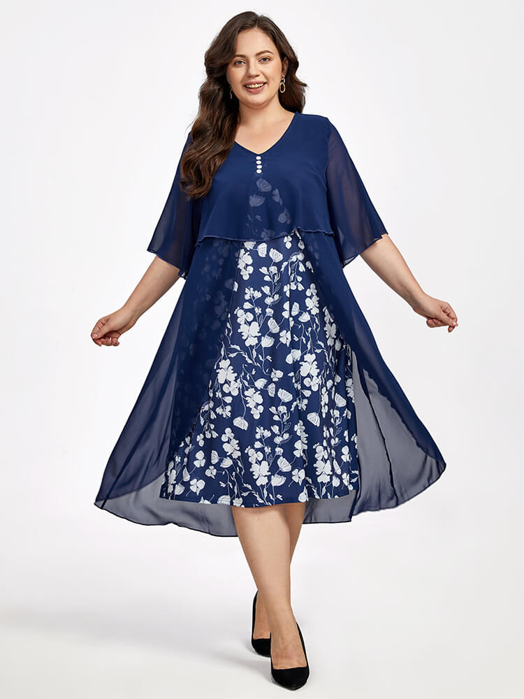 Plus Floral Patchwork Flutter Sleeve Round Neck 2 In 1 Midi Dress