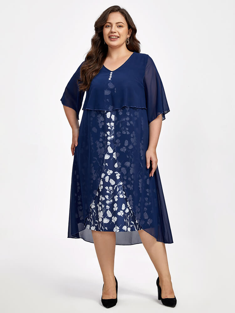 Plus Floral Patchwork Flutter Sleeve Round Neck 2 In 1 Midi Dress
