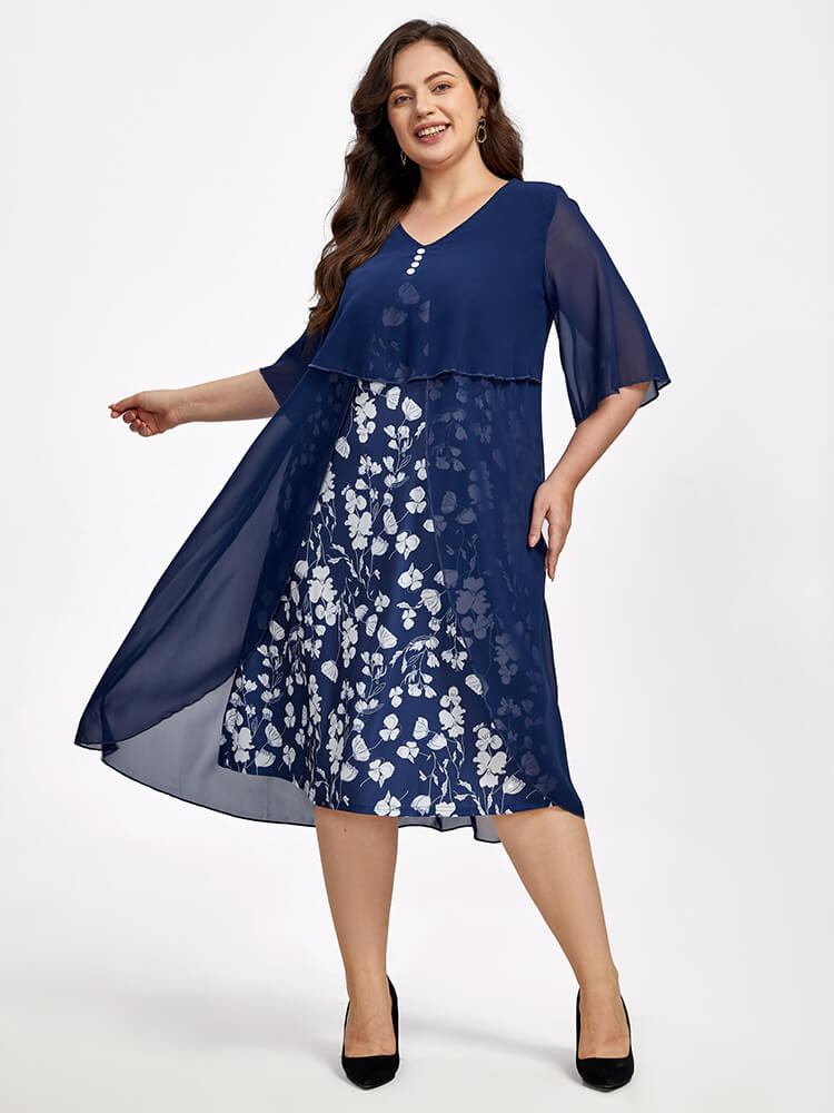 Plus Floral Patchwork Flutter Sleeve Round Neck 2 In 1 Midi Dress