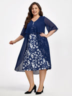 Plus Floral Patchwork Flutter Sleeve Round Neck 2 In 1 Midi Dress