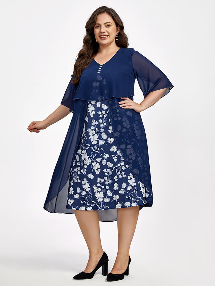Plus Floral Patchwork Flutter Sleeve Round Neck 2 In 1 Midi Dress