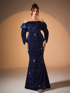 Off-Shoulder Sequin Pleated Mermaid Dress