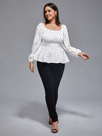 Plus Heart Print Square Neck Shirred Blouse
