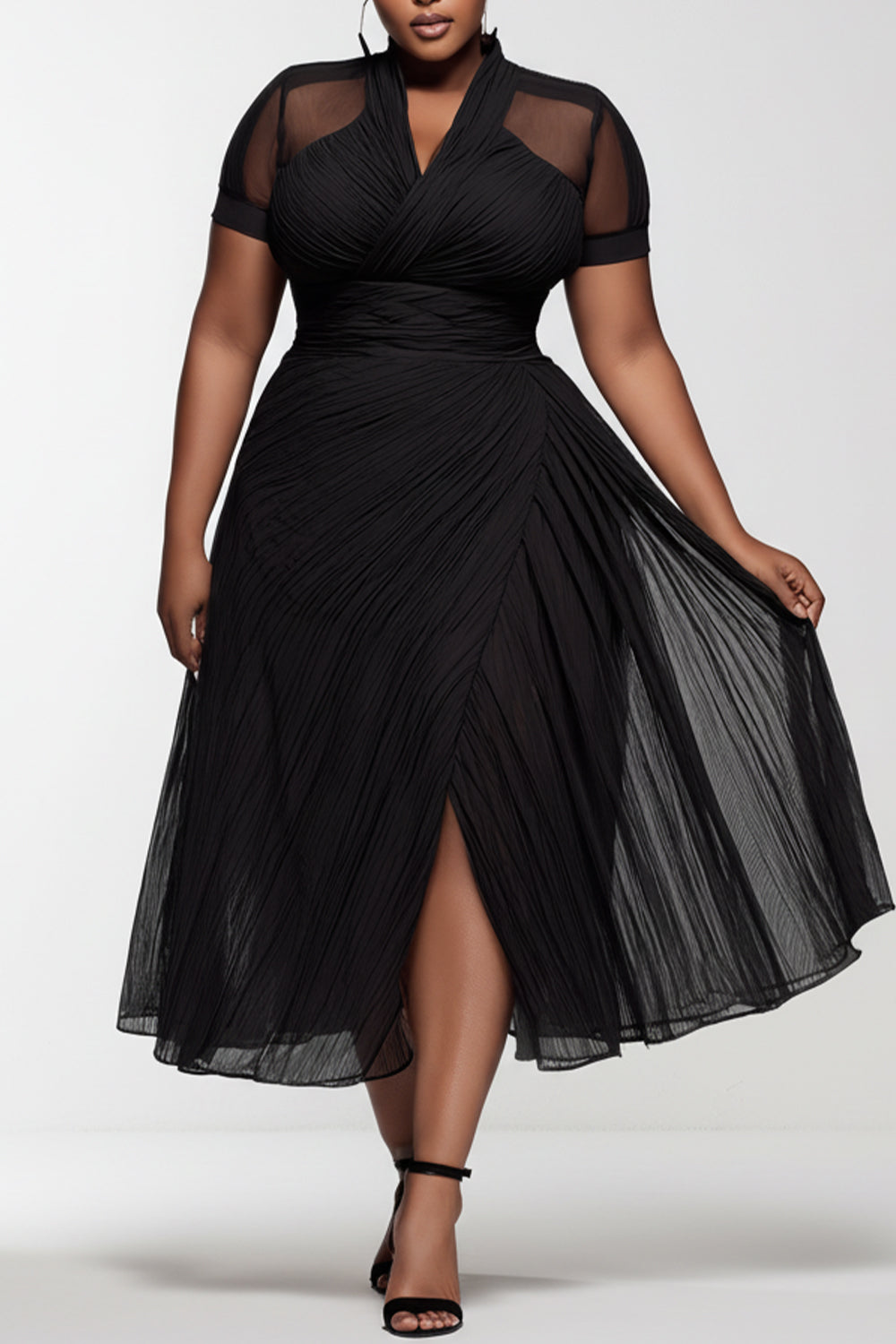 Xpluswear Design Plus Size Party Black V Neck Short Sleeve See Through Pleated Chiffon Midi Dresses