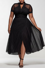 Xpluswear Design Plus Size Party Black V Neck Short Sleeve See Through Pleated Chiffon Midi Dresses