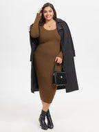 Square Neck Ribbed Knit Midi Sweater Dress