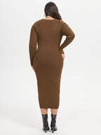 Square Neck Ribbed Knit Midi Sweater Dress