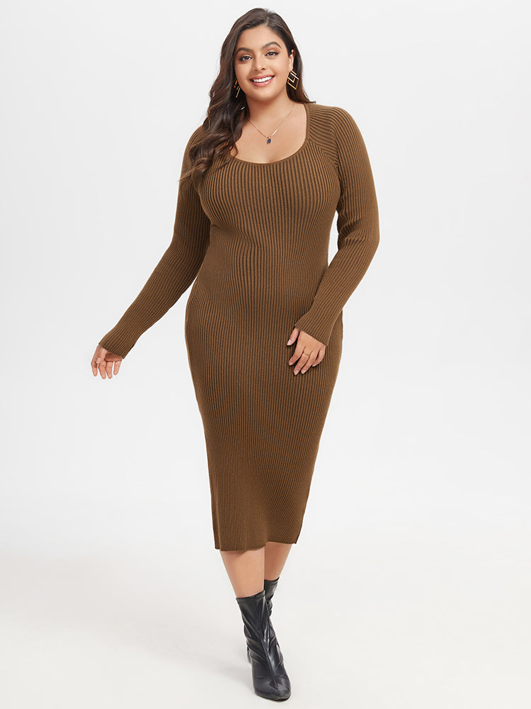 Square Neck Ribbed Knit Midi Sweater Dress