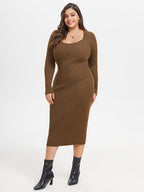 Square Neck Ribbed Knit Midi Sweater Dress