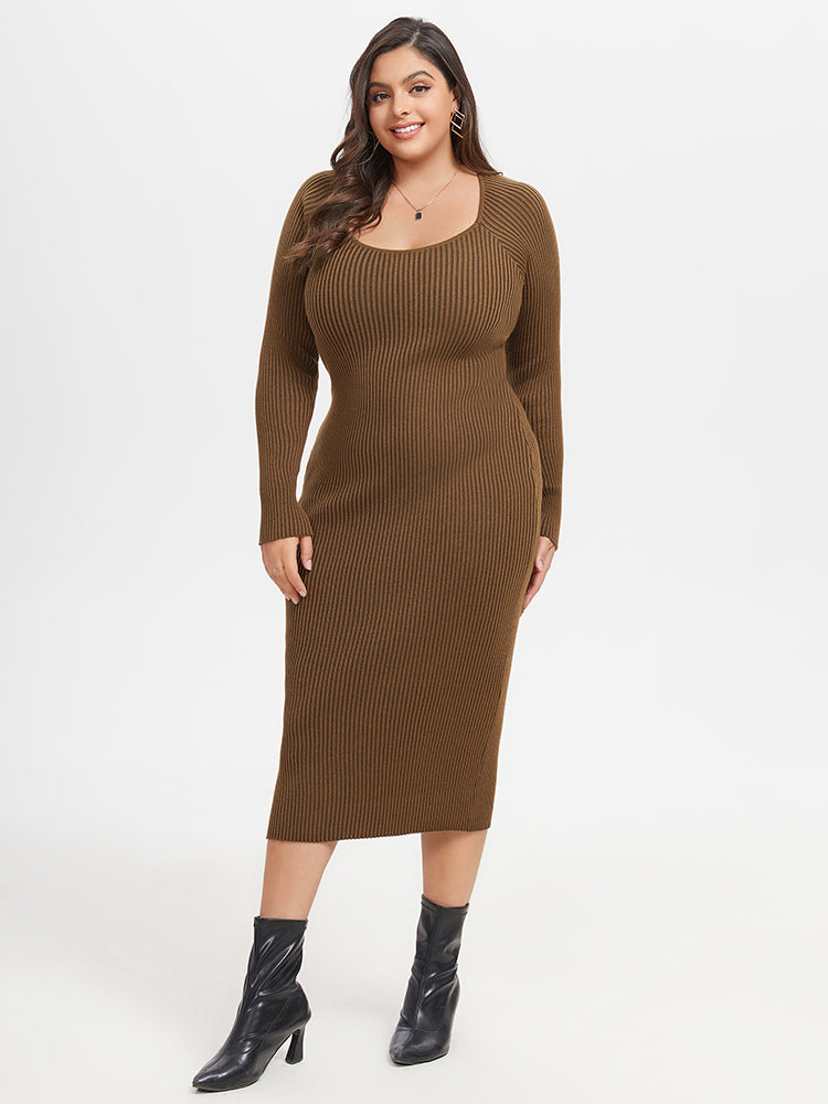 Square Neck Ribbed Knit Midi Sweater Dress
