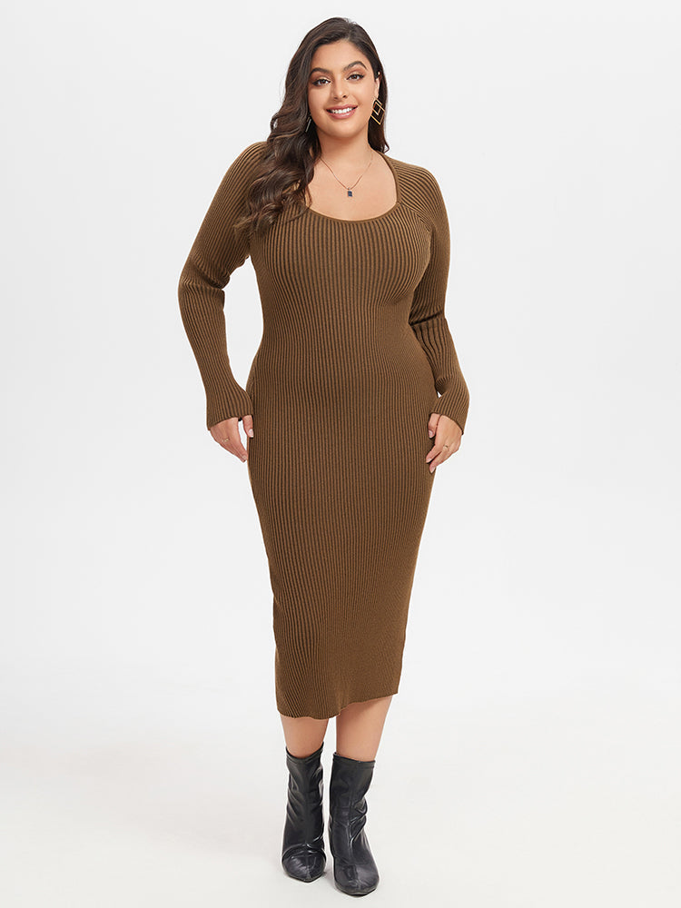 Square Neck Ribbed Knit Midi Sweater Dress