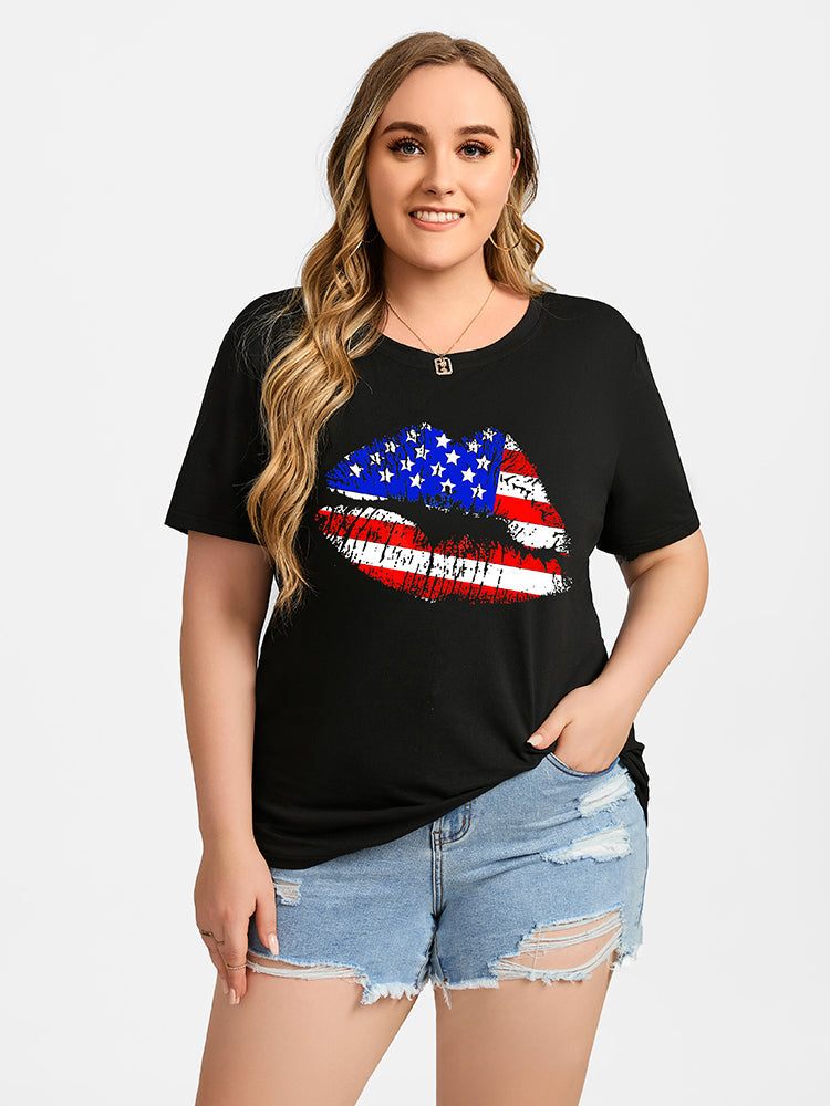 Plus Black Color Lip Print Round Neck Graphic Tee
