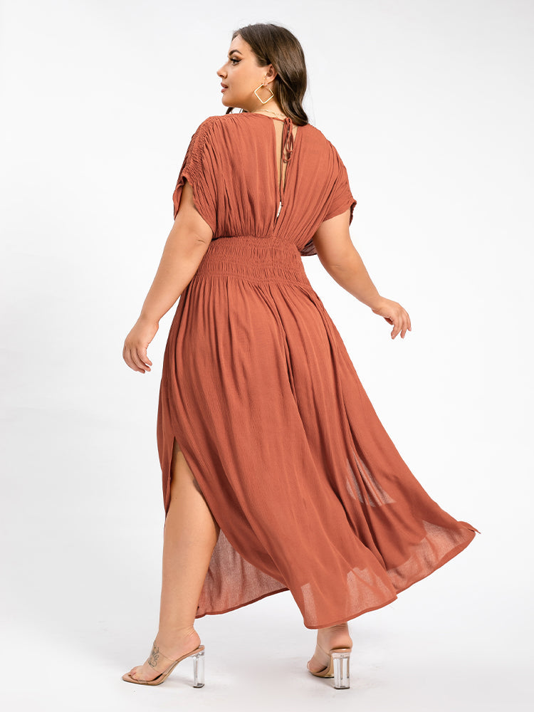 VIP V-Neck Batwing Sleeve Pocket Ruched Waist Maxi Dress