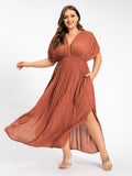 VIP V-Neck Batwing Sleeve Pocket Ruched Waist Maxi Dress