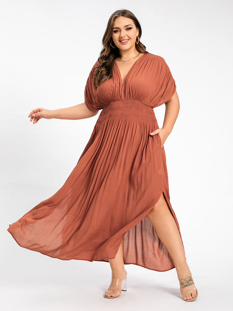 VIP V-Neck Batwing Sleeve Pocket Ruched Waist Maxi Dress