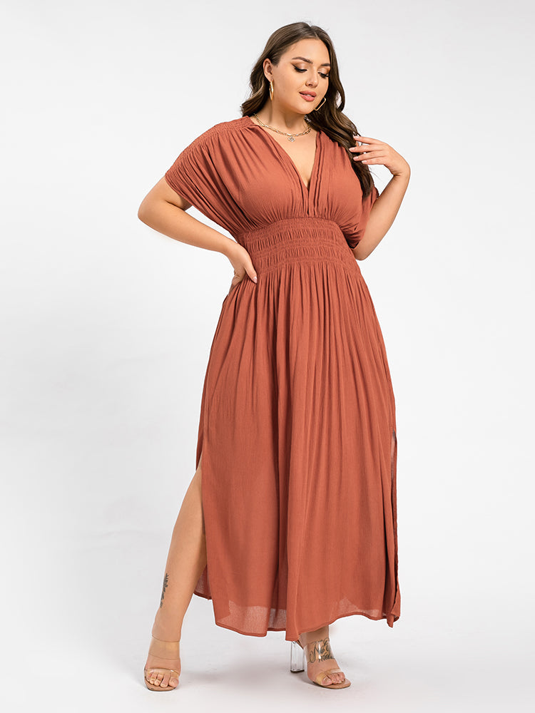 VIP V-Neck Batwing Sleeve Pocket Ruched Waist Maxi Dress
