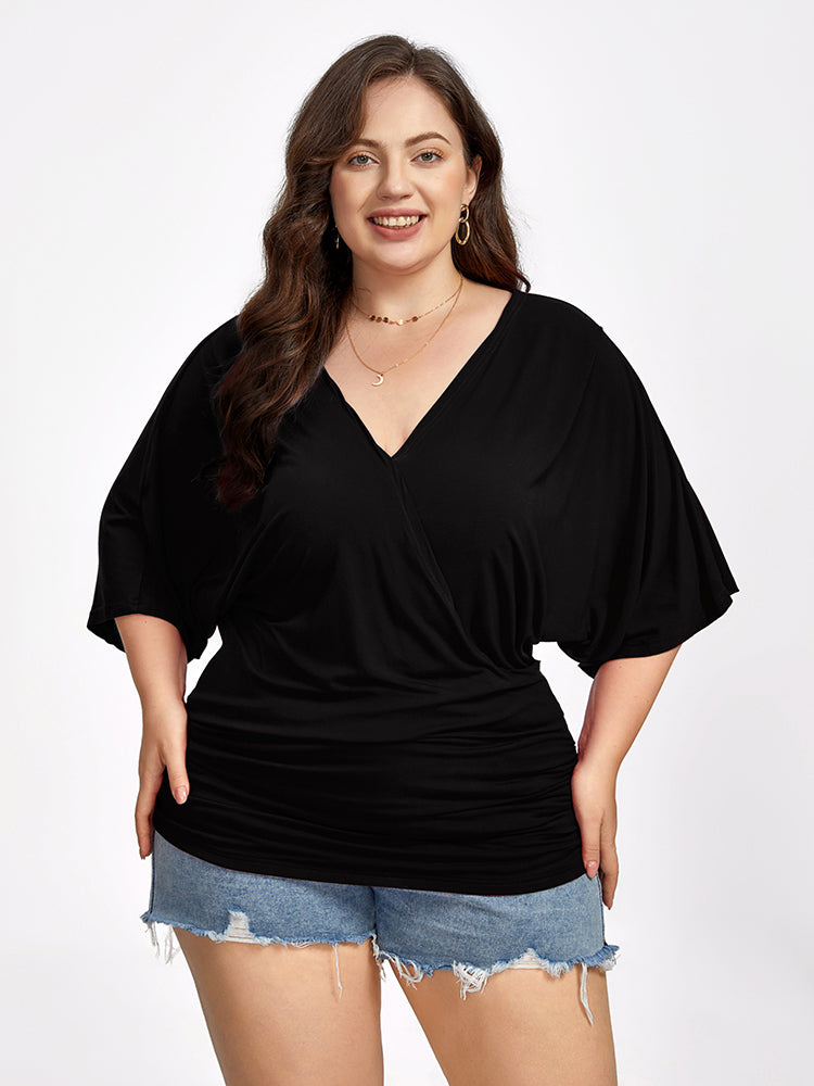 VIP Plus Plain Crisscross V Neck Ruched Hem Tee